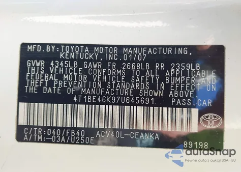 2007 Toyota Camry Le из США, поврежденный, VIN 4T1BE46K97U645691